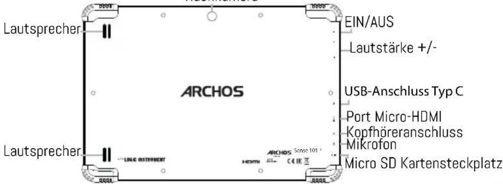 Lautsprecher EIN/AUS Lautstärke +/- USB-Anschluss Typ C Port Micro-HDMI Kopfhöreranschluss Mikrofon Micro SD Kartensteckplatz ARCHOS Lautsprecher LOGE INSTRUMENT ARCHOS Sense 101 HDMI