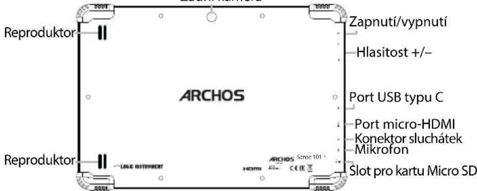 Reproduktor ARCHOS Zapnutí/vypnutí Hlasitost +/-- Port USB typu C Port micro-HDMI Konektor sluchátek Mikrofon Slot pro kartu Micro SD Reproduktor LOGE RISTIMENT ARCHOS Sense 101° HDMI CE IE