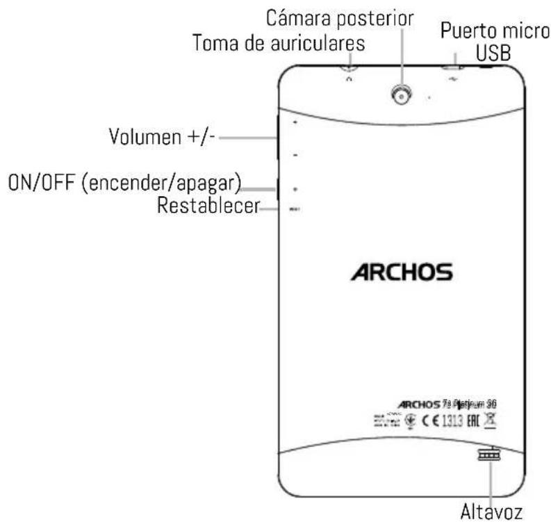 Cámara posterior Toma de auriculares Puerto micro USB Volumen +/- - ON/OFF (encender/apagar) Restablecer ARCHOS ARCHOS 78 Platinum 36 Altavoz
