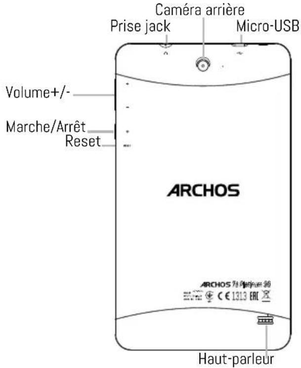 Prise jack Caméra arrière Micro-USB Volume+/- Marche/Arrêt Reset ARCHOS ARCHOS 78 Platinum 36 Haut-parleur