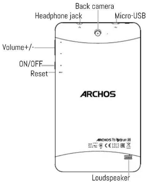 Back camera Headphone jack Micro-USB Volume+/- ON/OFF Reset ARCHOS ARCHOS 78 Platinum 98 Loudspeaker