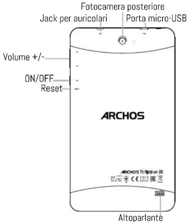 Fotocamera posteriore Jack per auricolari Porta micro-USB Volume +/- - ON/OFF Reset ARCHOS ARCHOS 78 Platinum 36 Altoparlante