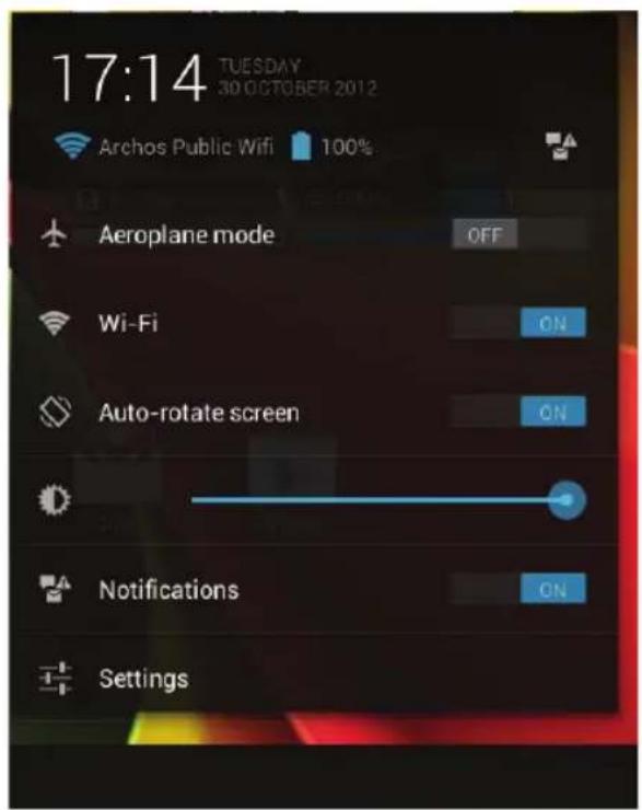 17:14 TUESDAY 30 OCTOBER 2012 Archos Public Wifi 100% Aeroplane mode OFF Wi-Fi ON Auto-rotate screen ON Notifications ON Settings
