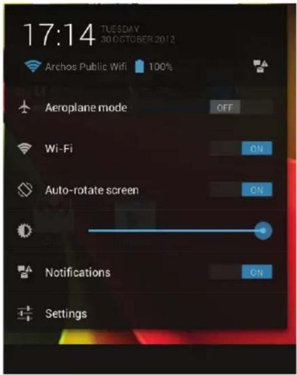 17:14 TUESDAY 30 OCTOBER 2012 Archos Public Wifi 100% Aeroplane mode OFF Wi-Fi ON Auto-rotate screen ON Notifications ON Settings