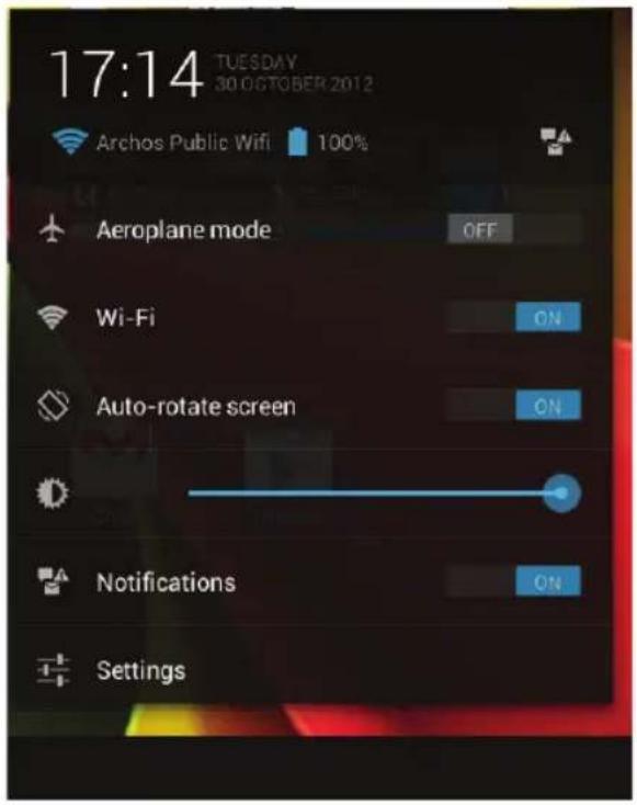 17:14 TUESDAY 30 OCTOBER 2012 Archos Public Wifi 100% Aeroplane mode OFF Wi-Fi ON Auto-rotate screen ON Notifications ON Settings