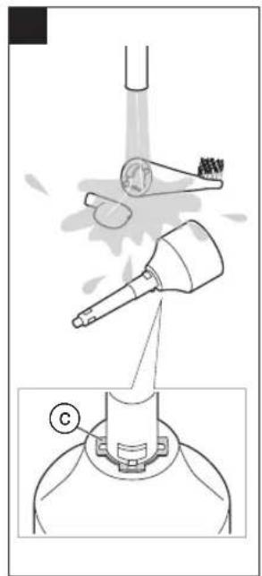 Diagram illustrating a spray gun installation process with labeled components and a close-up view of the component C.
