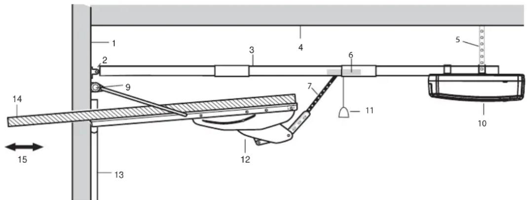 Technical diagram of a mechanical assembly with numbered components and directional arrows indicating motion or assembly.