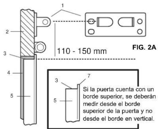 1 2 3 4 5 110 - 150 mm FIG. 2A 3 7 Si la puerta cuenta con un borde superior, se deberán medir desde el borde superior de la puerta y no desde el borde en vertical. 5
