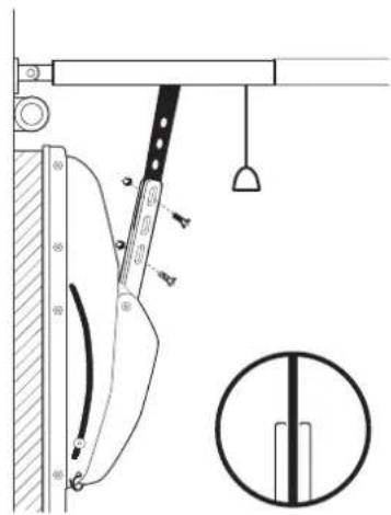 Technical diagram showing mechanical assembly with labeled parts and a magnified inset of a vertical component.