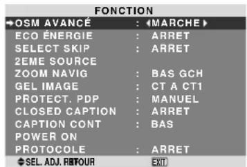 NEC PlasmaSync 60XR5 - Menu des réglages de FONCTION Passage au mode menu - 1