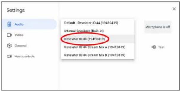 Settings Audio Video General Host controls Default - Revelator IO 44 (194f:0419) Internal Speakers (Built-in) Revelator IO 44 (194f:0419) Revelator IO 44 Stream Mix A (194f:0419) Revelator IO 44 Stream Mix B (194f:0419) Microphone is off Test