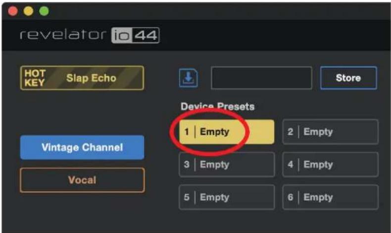 revelator io 44 HOT KEY Slap Echo Store Device Presets 1 | Empty 2 | Empty 3 | Empty 4 | Empty 5 | Empty 6 | Empty Vintage Channel Vocal