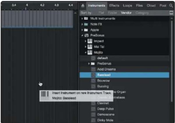 Instruments Effects Loops Files Cloud Pool Sort by: Multi Instruments Note FX Apple PreSonus Impact Mai Tai Mojito default PreSonus Acid Dreams Basslead Bouwow Burning Insert Instrument on new Instrument Track, the Organ Mojito: Basslead