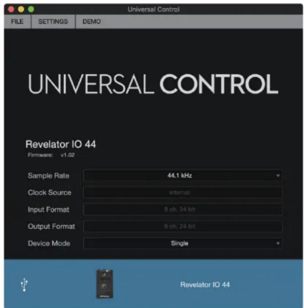 Universal Control FILE SETTINGS DEMO UNIVERSAL CONTROL Revelator IO 44 Firmware: v1.02 Sample Rate 44.1 kHz Clock Source internal Input Format 8 ch, 24 bit Output Format 6 ch, 24 bit Device Mode Single Revelator IO 44