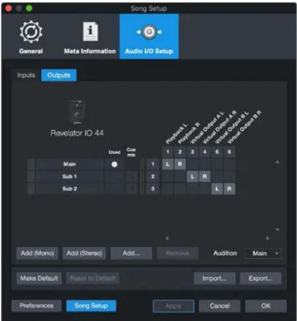 Song Setup General Meta Information Audio I/O Setup Inputs Outputs Revelator IO 44 Use Cue mix Playlock L Playlock R Venue Output A L Venue Output A R Venue Output B L Venue Output B R 1 2 3 4 5 6 Main 1 L R Sub 1 2 L R Sub 2 3 L R Add (Mono) Add (Stereo) Add... Resnons Audition Main Make Default Reset to Default Import... Export... Preferences Song Setup Apply Cancel OK