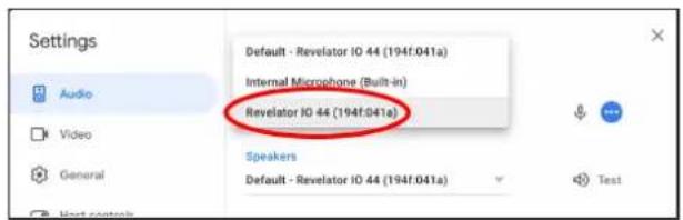 Settings Audio Video General Default - Revelator IO 44 (194f:041a) Internal Microphone (Built-in) Revelator IO 44 (194f:041a) Speakers Default - Revelator IO 44 (194f:041a) Test