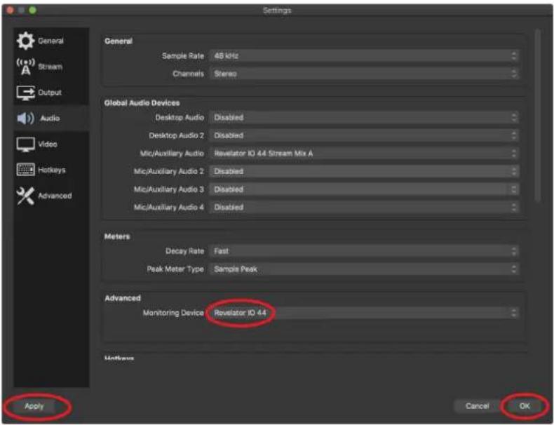 Settings General Sample Rate 48 kHz Channels Stereo Global Audio Devices Desktop Audio Disabled Desktop Audio 2 Disabled Mic/Auxiliary Audio Revelator IO 44 Stream Mix A Mic/Auxiliary Audio 2 Disabled Mic/Auxiliary Audio 3 Disabled Mic/Auxiliary Audio 4 Disabled Meters Decay Rate Fast Peak Meter Type Sample Peak Advanced Monitoring Device Revelator IO 44 Lockups Apply Cancel OK