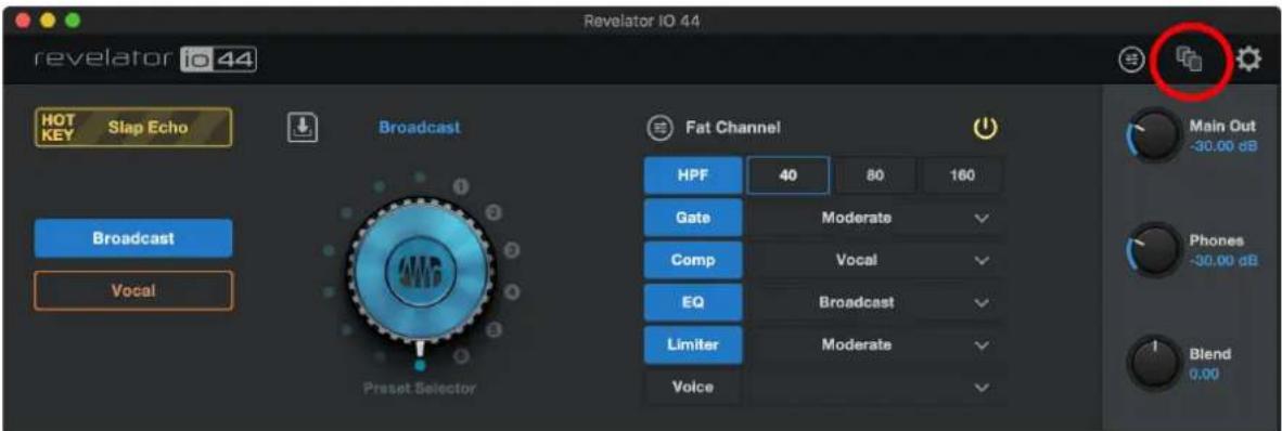 Revelator IO 44 HOT KEY Slap Echo Broadcast Broadcast Preset Selector HPF 40 80 160 Gate Moderate Comp Vocal EQ Broadcast Limiter Moderate Voice Main Out -30.00 dB Phones -30.00 dB Blend 0.00