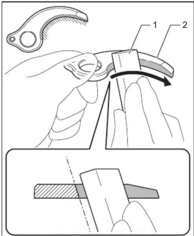 Technical diagram illustrating a tool manipulation process with labeled parts and directional arrows