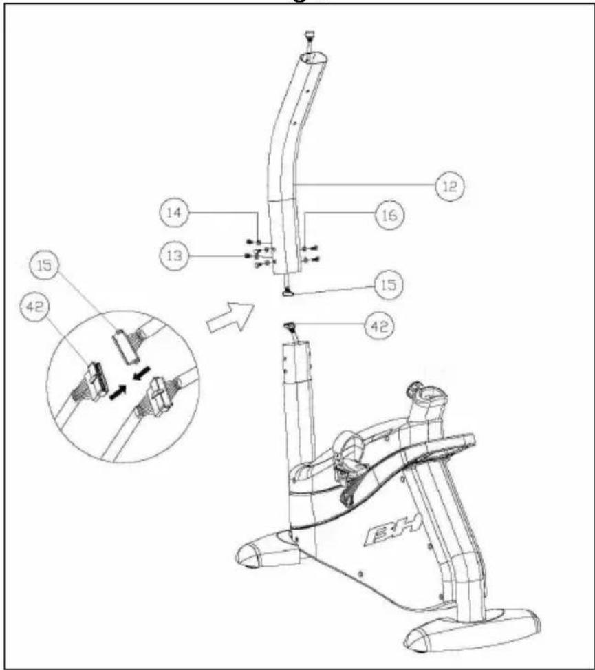 Technical diagram of a stationary exercise machine with numbered components and an inset showing internal wiring connections.