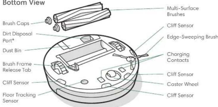 Bottom View Brush Caps Dirt Disposal Port* Dust Bin Brush Frame Release Tab Cliff Sensor Floor Tracking Sensor Multi-Surface Brushes Cliff Sensor Edge-Sweeping Brush Charging Contacts Cliff Sensor Caster Wheel Cliff Sensor