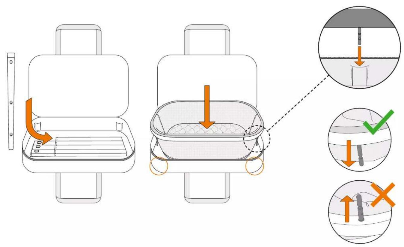 Diagram illustrating a mechanical or cleaning procedure with labeled steps and directional arrows indicating movement.