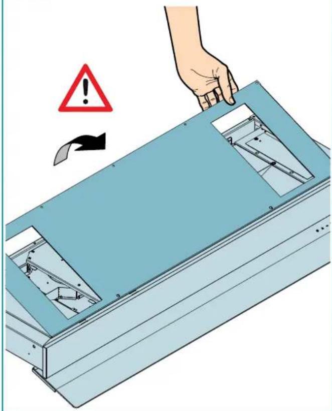 Diagram showing a hand holding a device with warning symbol and directional arrow, indicating installation or repair process.