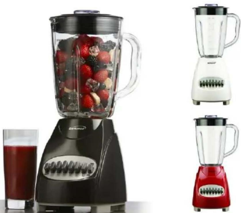 Exterior view of a black blender with fresh strawberries, accompanied by two side-by-side product photos (red and white) showing different shades of color.