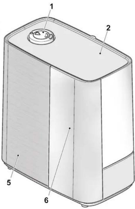 Technical diagram of a rectangular device with labeled parts 1 through 6, showing internal structure and mounting points.