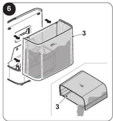Technical diagram of a device casing with labeled parts, showing internal components and assembly steps