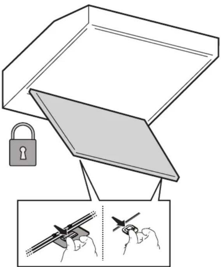 Diagram illustrating a lock mechanism and hand positioning technique with labeled components and directional arrows