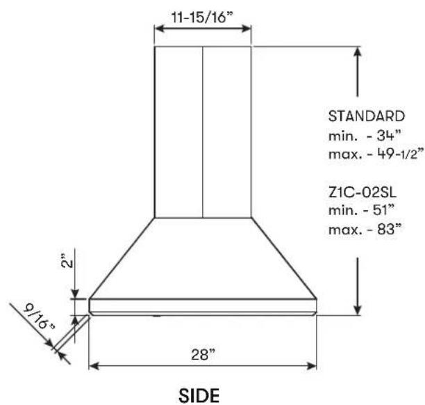 Zephyr Siena Pro Island ZSLE42DS - Hood Specifications - 2