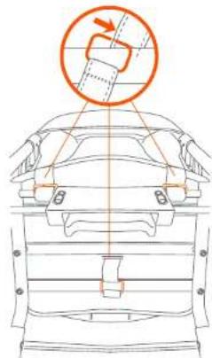 Diagram showing car interior with a hand gesture and directional arrow, likely illustrating vehicle safety or movement.