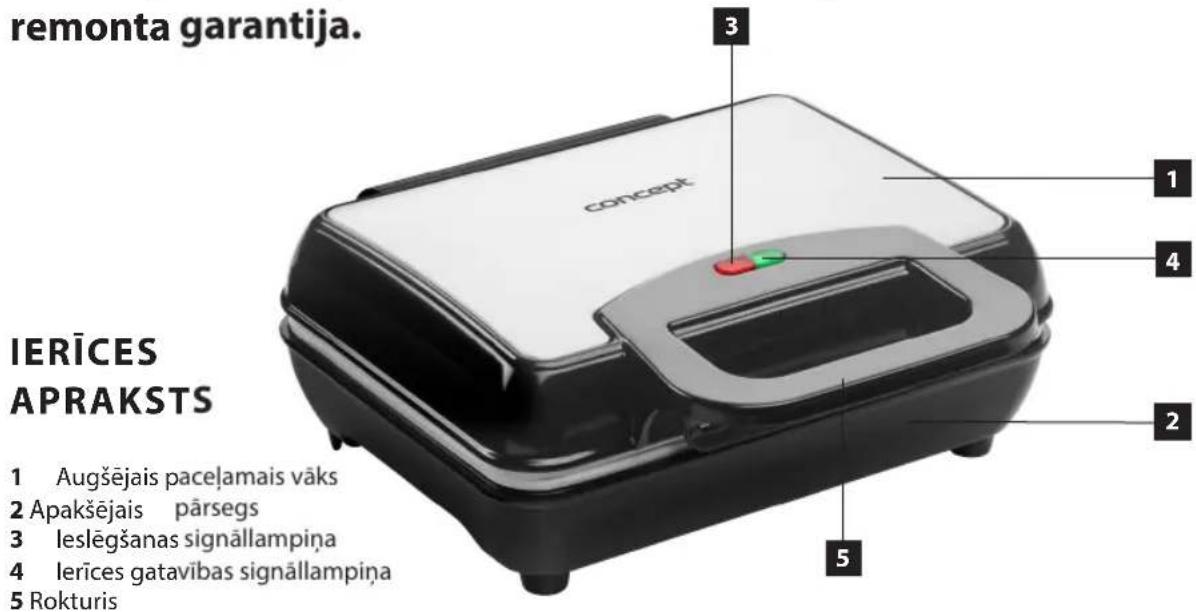 remonta garantija. 3 1 4 2 5 IERİCES APRAKSTS 1 Augšējais pacaļamais vāks 2 Apakšējais pārsegs 3 leslēgšanas signāllampiņa 4 lerīces gatavības signāllampiņa 5 Rokturis
