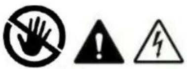 Warning symbols including a hand holding a prohibition sign, an exclamation mark, and a lightning bolt symbol