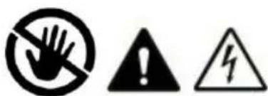 Three black-and-white warning symbols: no hand, exclamation mark, and lightning bolt symbol