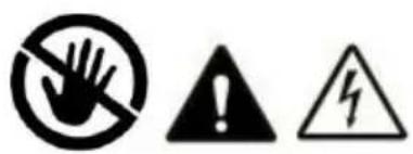 Warning symbols including a hand holding a prohibition sign, an exclamation mark, and a lightning bolt symbol