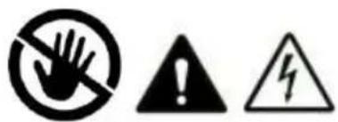 Warning symbols including a hand holding a prohibition sign, an exclamation mark, and a lightning bolt symbol