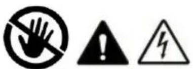 Warning symbols including a hand holding a prohibition sign, an exclamation mark, and a lightning bolt symbol