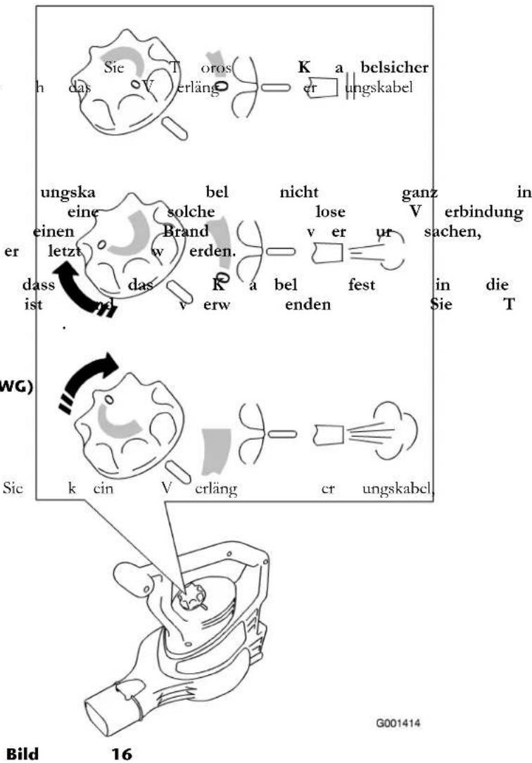 h das Sie T oros K a belsicher er ungskabel ungskai bel nicht ganz in eine solche lose V erbindung einen Brand v er ur letzt w erden. fest sachen, dass das K a bel fest in die ist erw enden Sie T WG) Sic k cin V crläng cr ungskabel. G001414 Bild 16