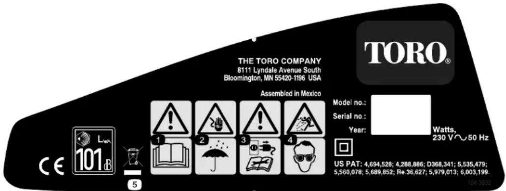THE TORO COMPANY 8111 Lyndale Avenue South Bloomington, MN 55420-1196 USA Assembled in Mexico Model no.: Serial no.: Year: Watts, 230 V~50 Hz US PAT: 4,694,528; 4.288,886; D368,341; 5,535,479; 5,560,078; 5,689,852; Re.36,627; 5,979,013; 6,003,199. 101 dB CE Lww 1 2 3 4 5 104-3832