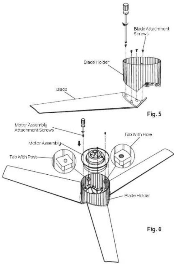 Blade Attachment Screws Blade Holder Blade Motor Assembly Attachment Screws Motor Assembly Tab With Hole Tab With Post Blade Holder Fig. 5 Fig. 6