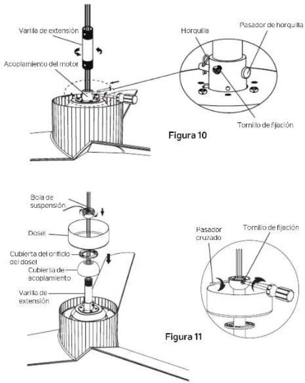 Varilla de extensión Acoplamiento del motor Horquilla Pasador de horquilla Tornillo de fijación Figura 10 Bola de suspensión Dosel Cubierta del orificio del dosel Cubierta de acoplamiento Varilla de extensión Figura 11 Pasador cruzado Tornillo de fijación