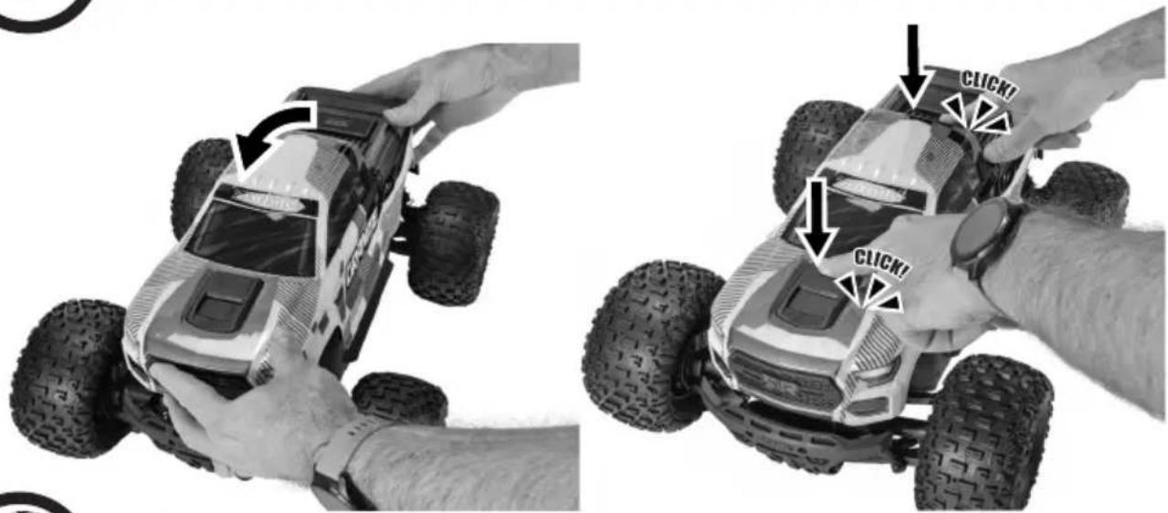 Two black-and-white photos showing a hand adjusting a small toy car, with arrows pointing to the car's 'CLICK!' button.