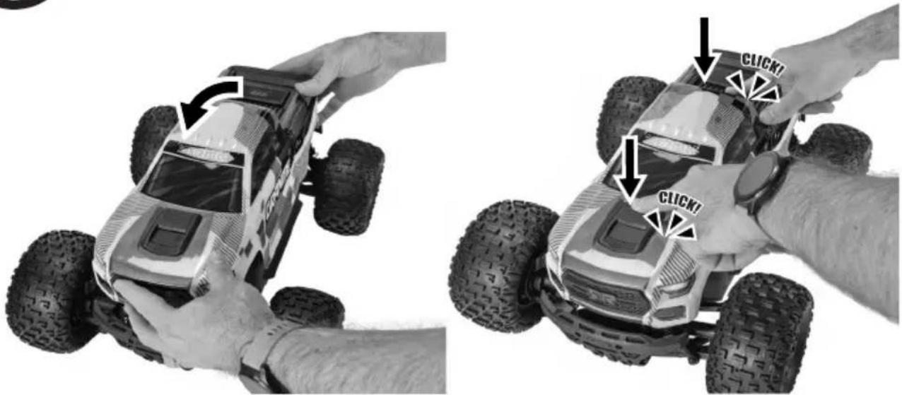 Two black-and-white photos showing a hand adjusting a small toy car, with arrows pointing to the car's 'CLICK!' button.