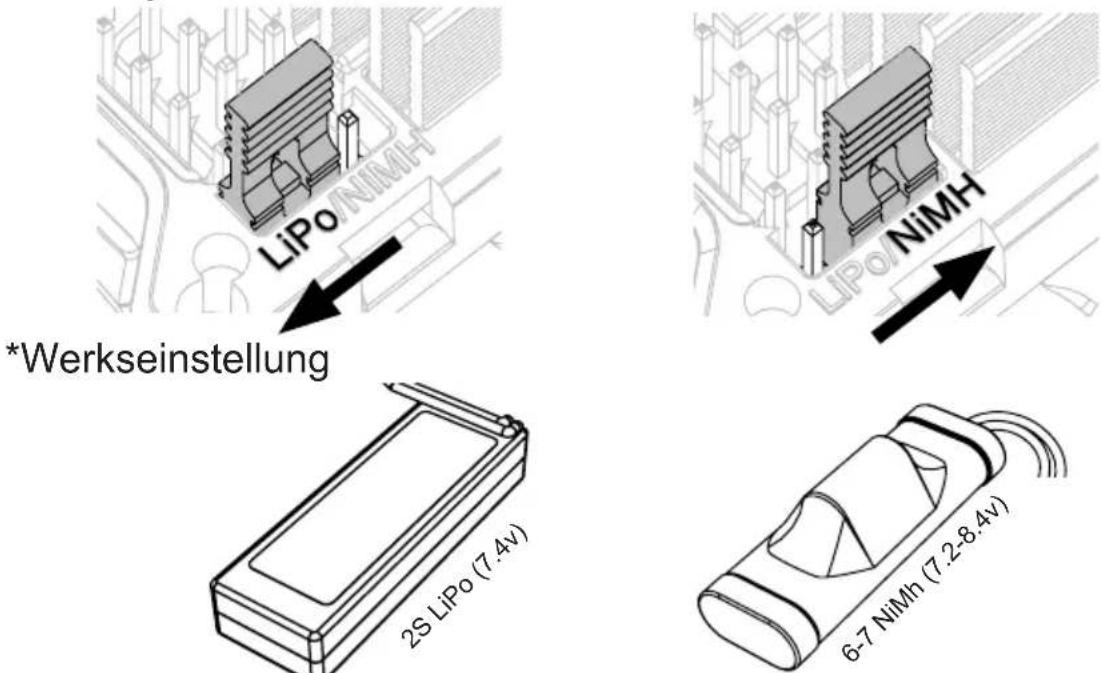 LiPo *Werkseinstellung 2S LiPo (7.4v) 6-7 NiMh (7.2-8.4v)