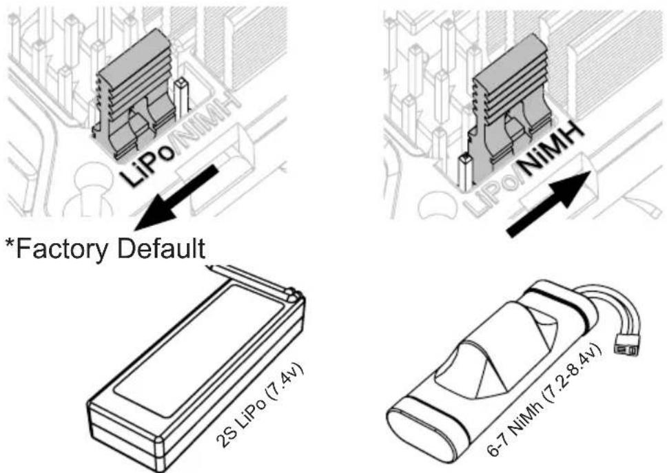 *Factory Default 2S LiPo (7.4v) 6-7 NiMh (7.2-8.4v)