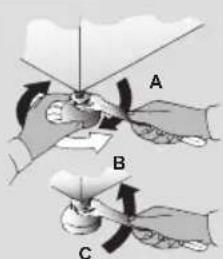Diagram illustrating three-step mechanical or electrical process with labeled components A, B, and C