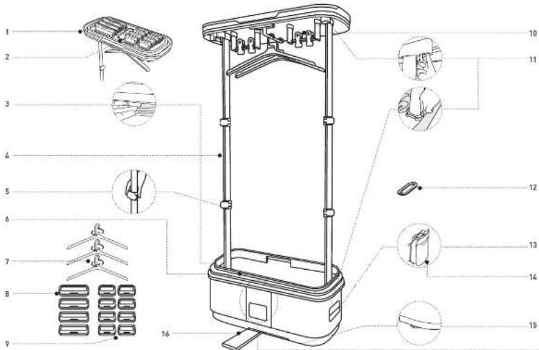 Technical diagram of a device with numbered parts, likely an electronic or mechanical assembly, showing exploded and assembled views.