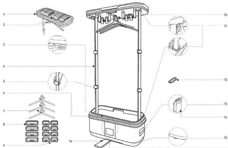 Technical diagram of a device with numbered parts, likely an electronic or mechanical assembly, showing exploded and assembled views.